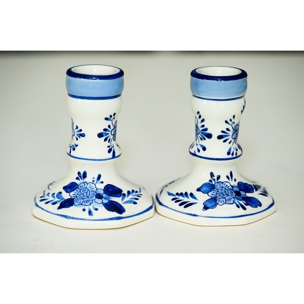 Holland Hand Painted Candle Stick Holders candlestick White Blue Floral